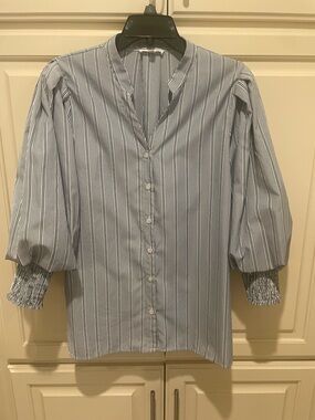 Boutique brand Joh. Striped Blue Button-Down Shirt with Smocked Cuffs